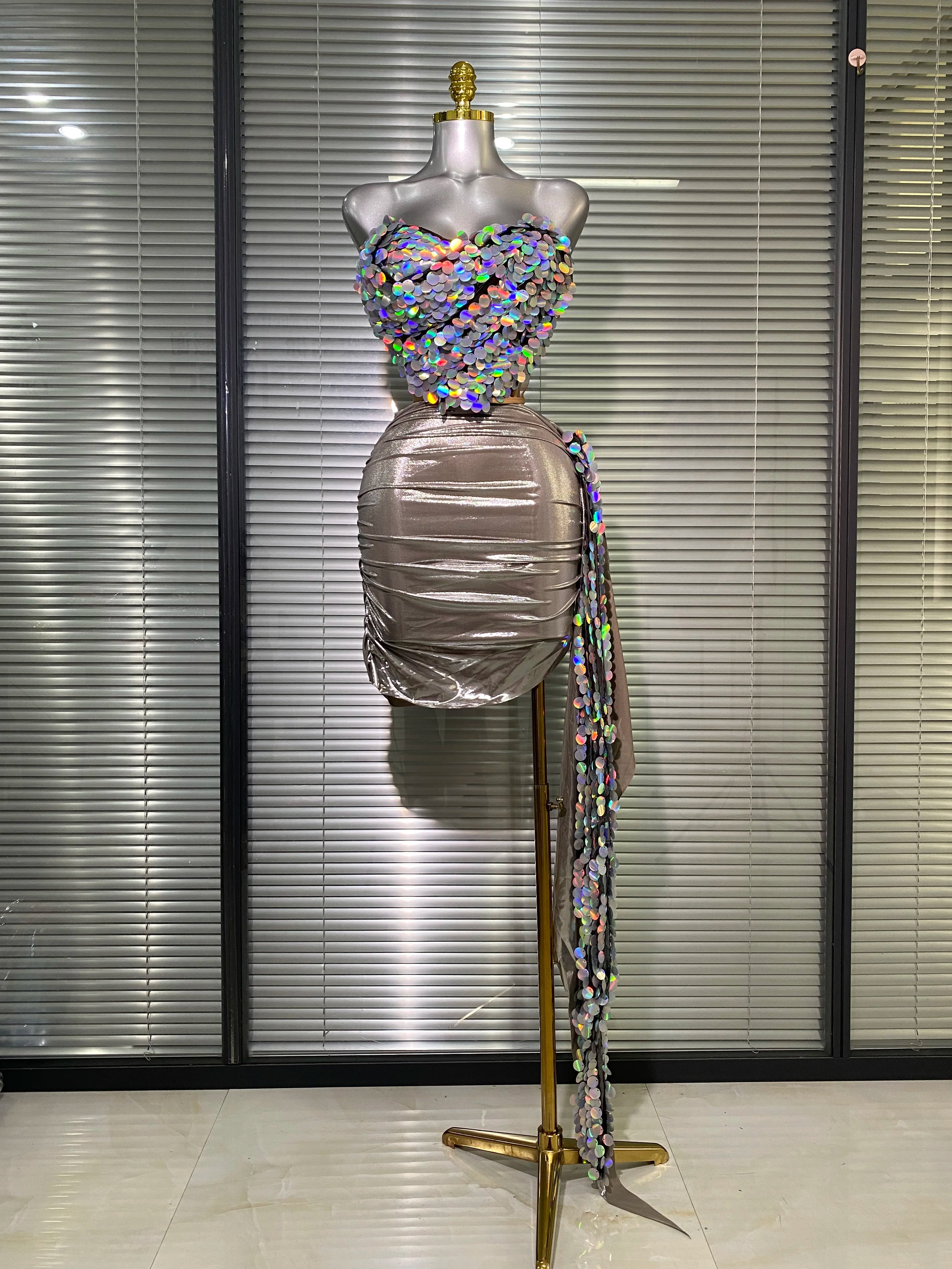 Women Sexy Sequins Blue Two Pieces Set Colorful Crystal Diamonds Night Club Sparkly Skirt Suits Singer Dancer Stage Costume