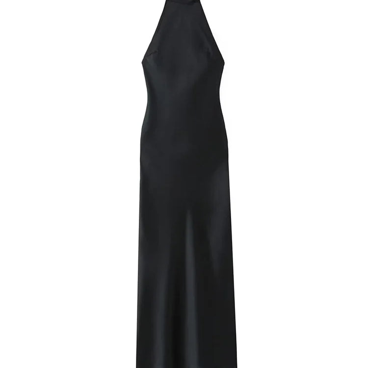 TRAFZA Women Fashion Backless Dresses Sexy Black Halter Tie Satin Long Dress Woman Bodycon Dresses New Ladies Luxury Party