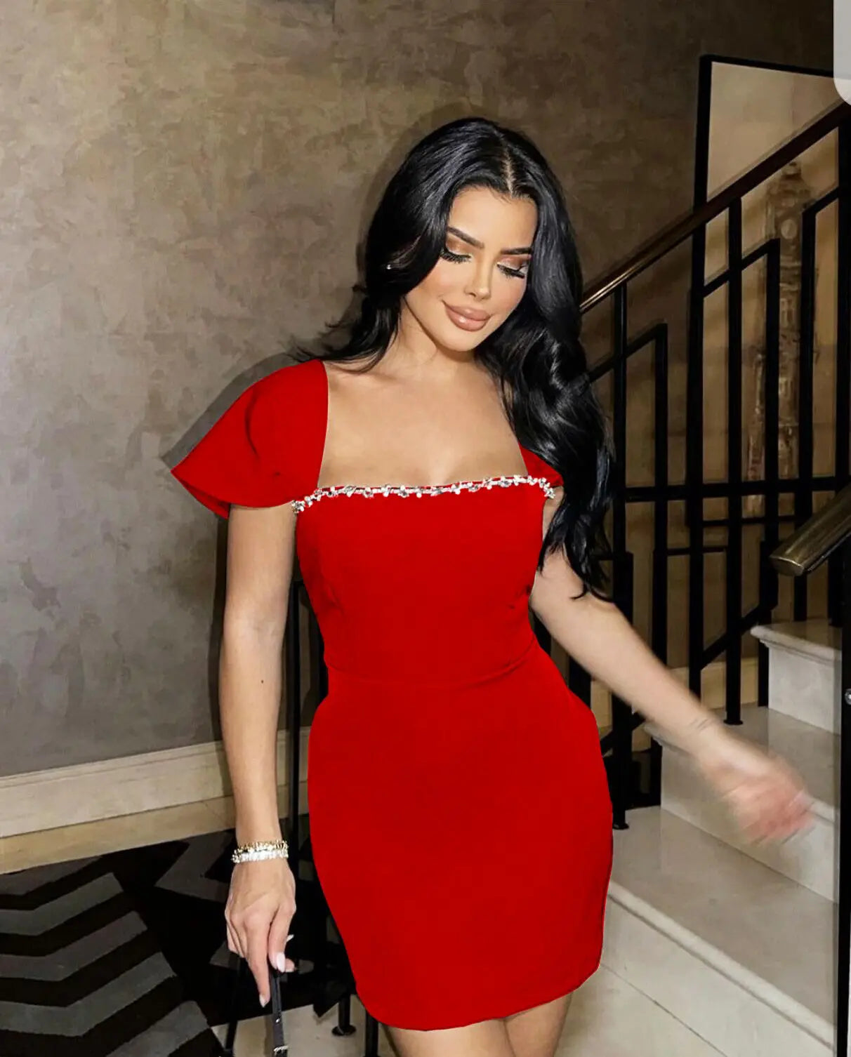 2024 New Summer Black Red Women Sexy Square Collar Shinning Crystal Bodycon Mini Bandage Dress Birthday Party Nightclub Dress