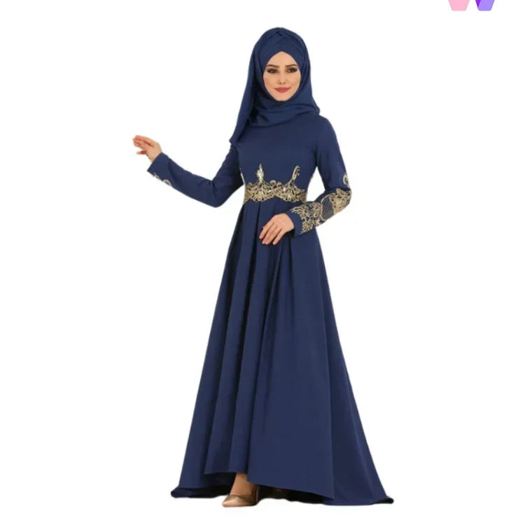 New In Women Dress NO Scarf Elegant Muslim Islam Abaya Embroidered Elastic Falbala High Waist Slim Party Robe Swing Robe Dresses