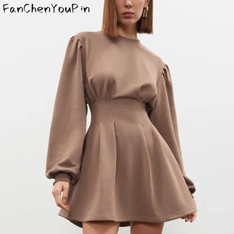 Spring Summer Women's Dress A-line Lantern Sleeves O-neck Short Skirt Vintage Slim Fit Pleated Temperament Dresses Female