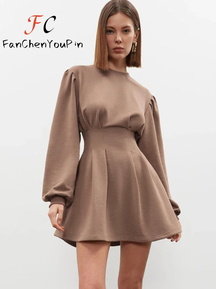 Spring Summer Women's Dress A-line Lantern Sleeves O-neck Short Skirt Vintage Slim Fit Pleated Temperament Dresses Female
