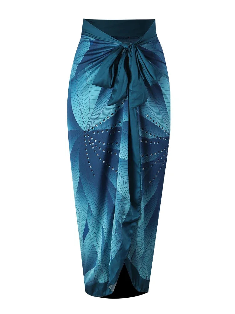 Elegant Blue Leaf Printed One Piece Swimsuit Woman Fashion High Waisted Hanging Neck Swimwear French Covered Belly Bikini skirt