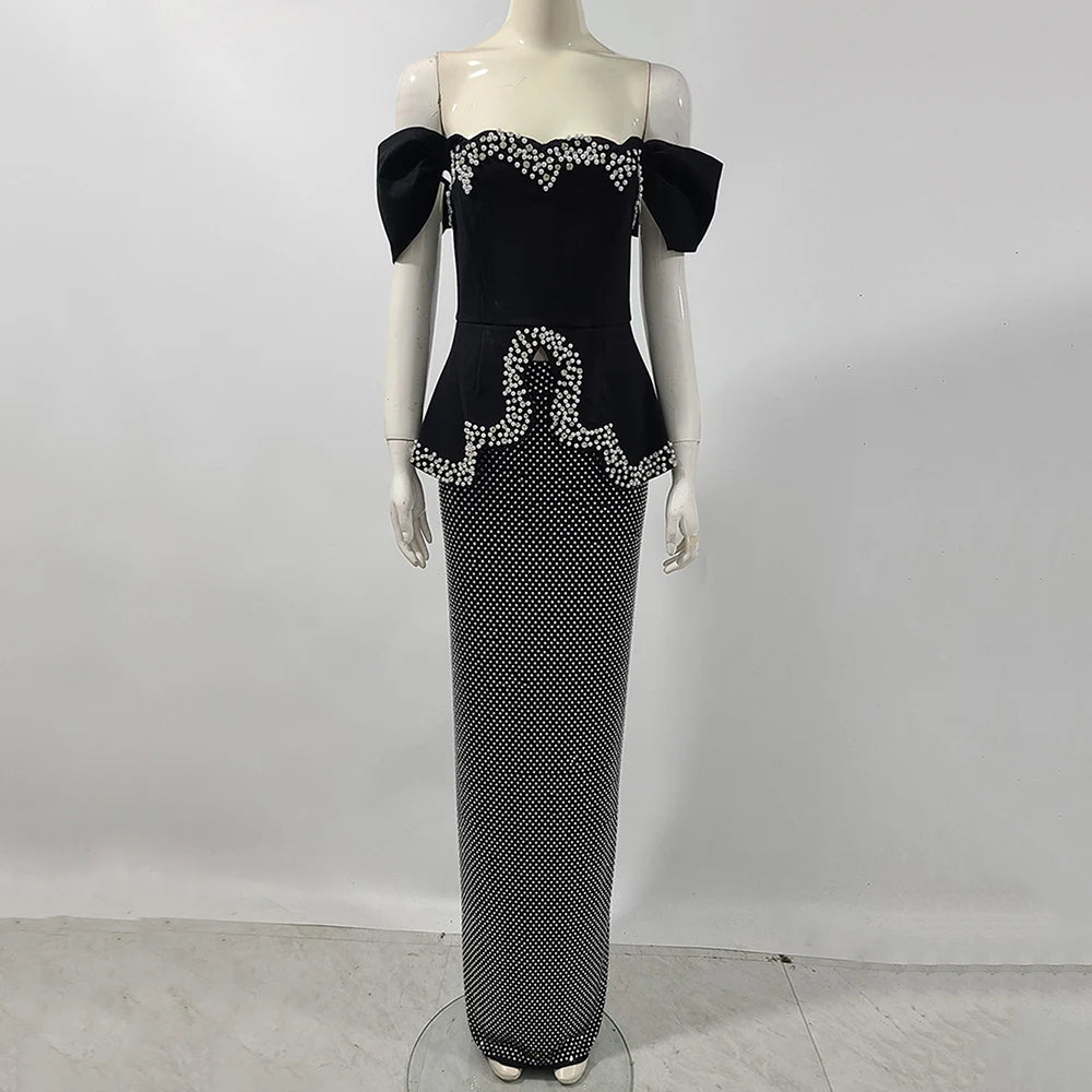 Women Sexy Off Shoulder Pearl Diamond Black Maxi Long Bandage Two Piece Set 2025 Elegant Evening Club Party Prom Gowns