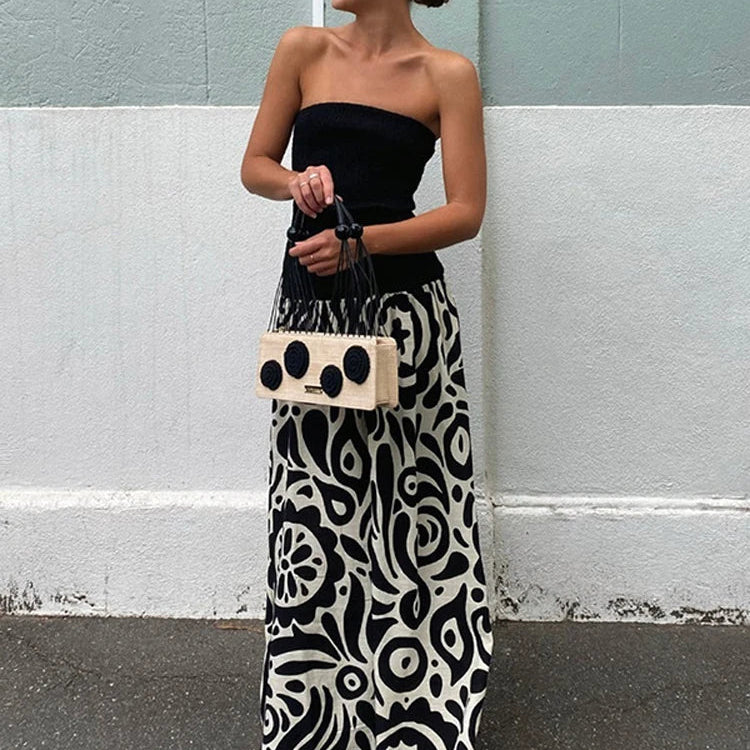 Tossy Patchwork Strapless Sleeveless Dress Women's Contrast Color A-Line High Waist Long Party Dress Fashion Outfits Female New Black