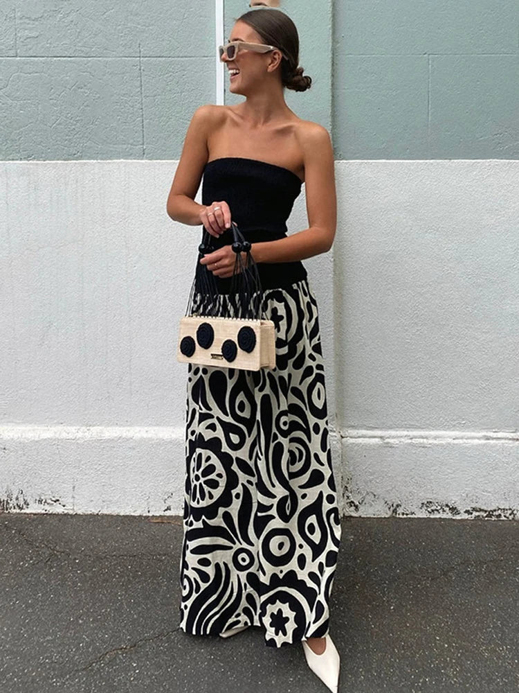 Tossy Patchwork Strapless Sleeveless Dress Women's Contrast Color A-Line High Waist Long Party Dress Fashion Outfits Female New Black