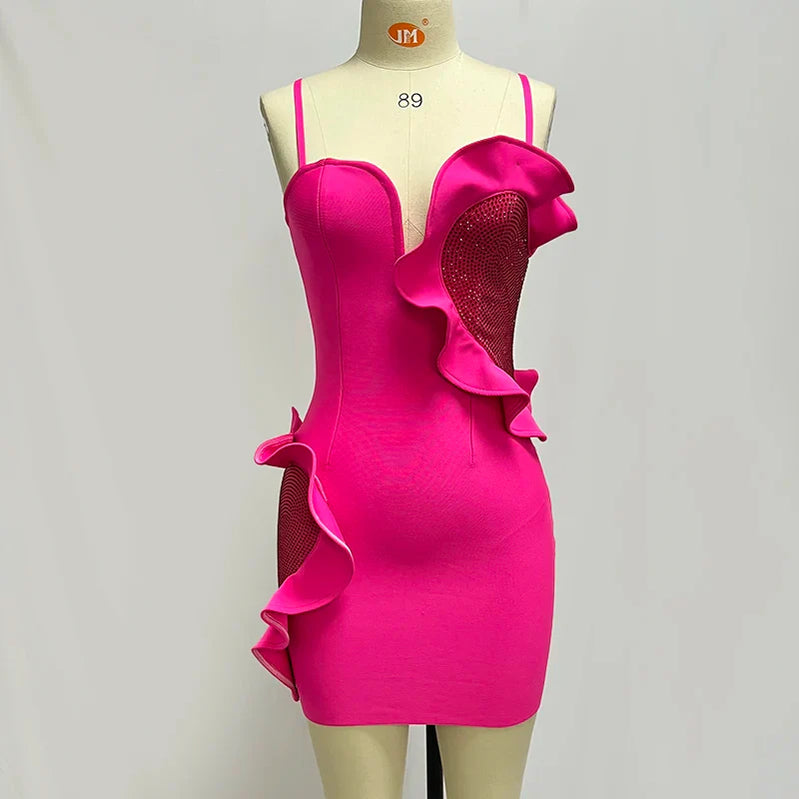 Factory Wholesale Women's Rose Red Spaghetti Strap Heart Rhinestones Sexy Boutique Celebrity Cocktail Party Bandage Dress Rose Red CHINA