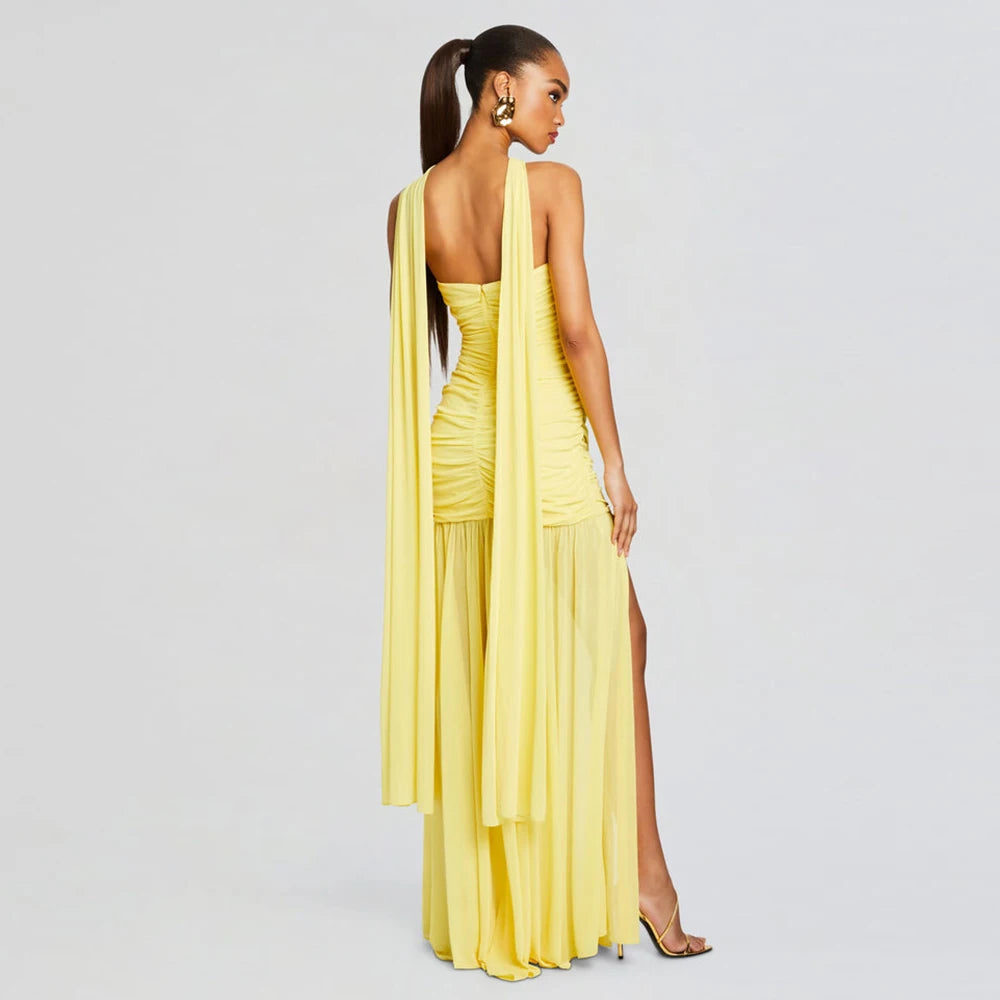 Yellow Color Women Sexy Halter Off the Shoulder Bodycon Long Mesh Dress Fashion Birthday Party Celebrate Girls' Homecoming Dress