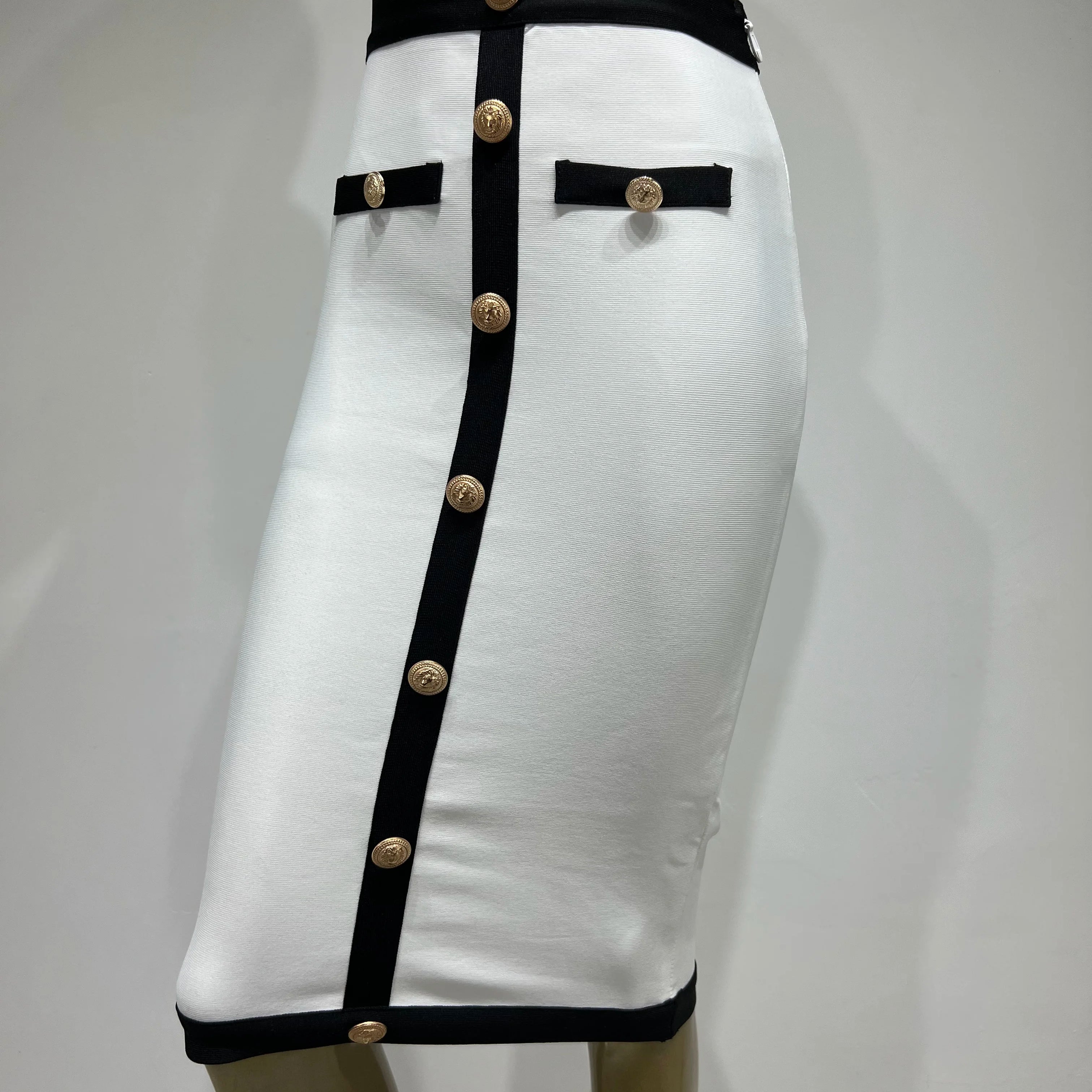 est Women Button Patchwork White Black Bodycon Bandage Skirt 2023 Designer High Waist Party Club Pencil Skirt 60cm