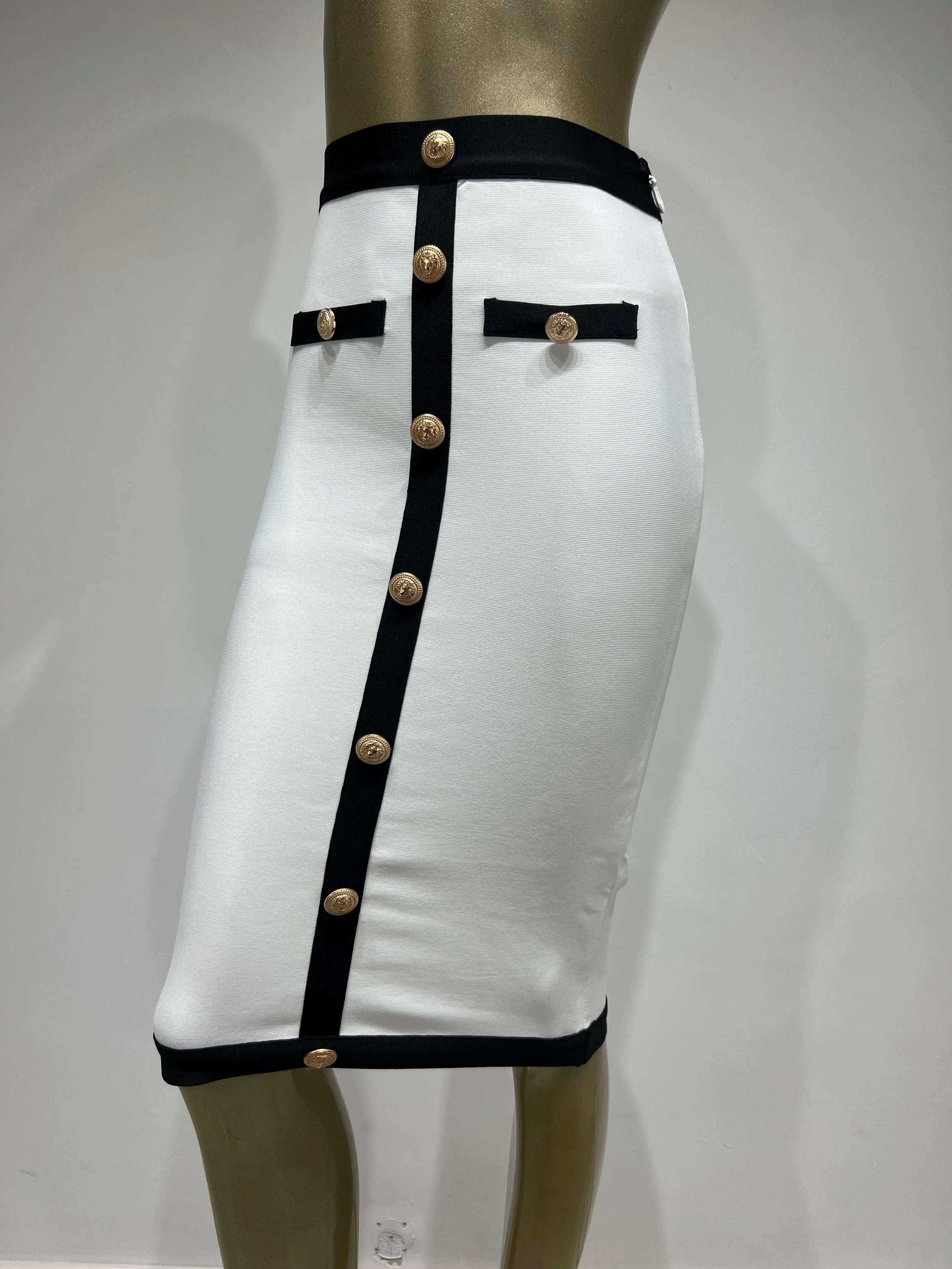 est Women Button Patchwork White Black Bodycon Bandage Skirt 2023 Designer High Waist Party Club Pencil Skirt 60cm