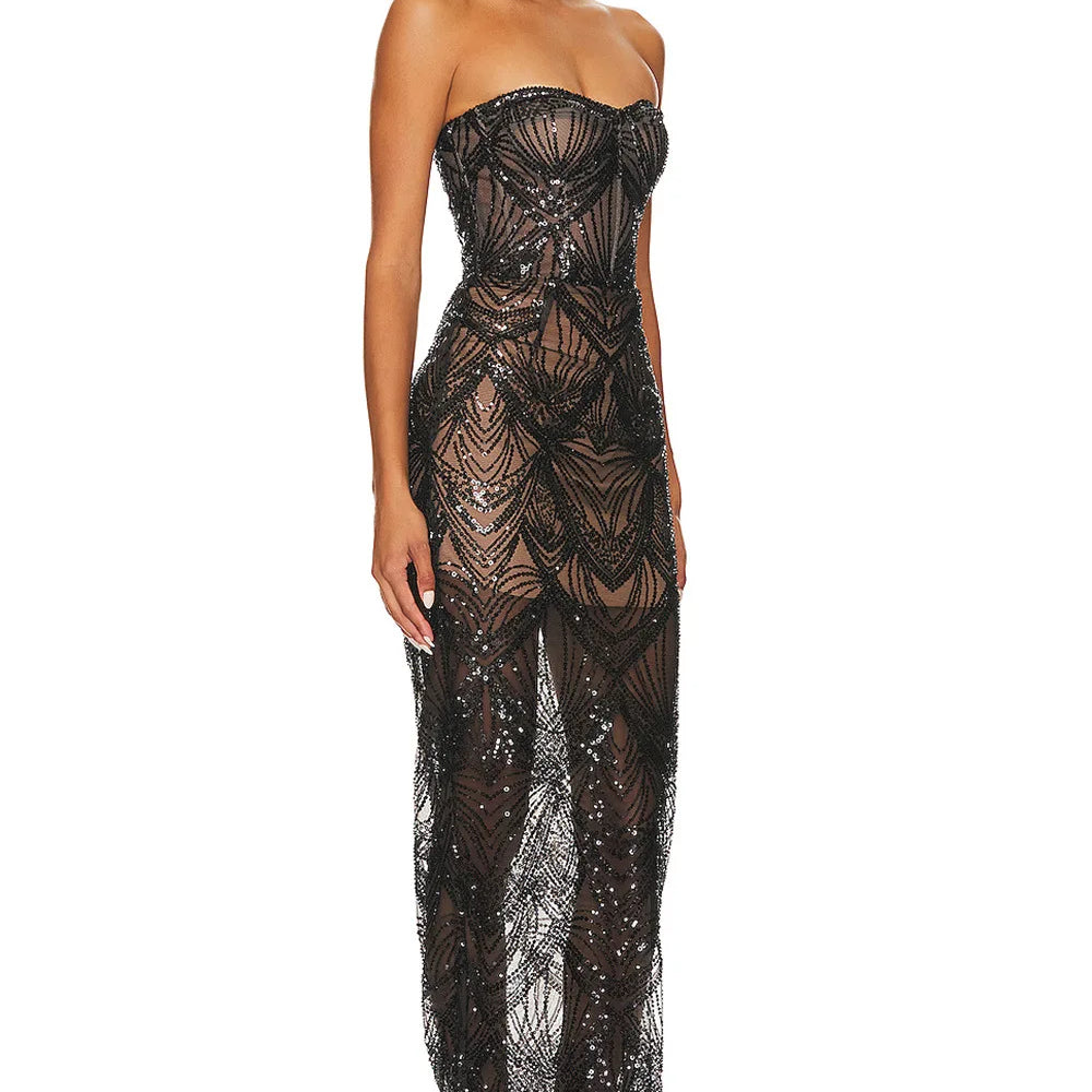 Shining Black Sequins Sexy Mesh See Through  Straplerss Ankle Length Dress Woman Birthday Party Dress Celebrity Party Vestido