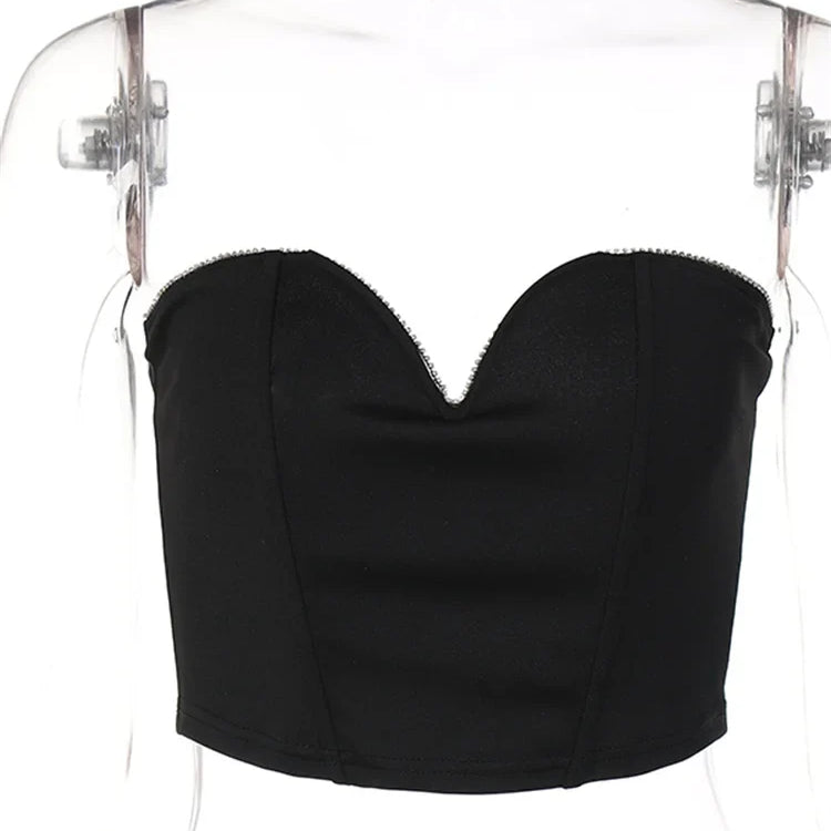 CHRONSTYLE Diamonds Patchwork Women Tube Crop Top Corsets Tank Sexy Streetwear Party Strapless Off Shoulder Vest 2022 Summer Y2K black