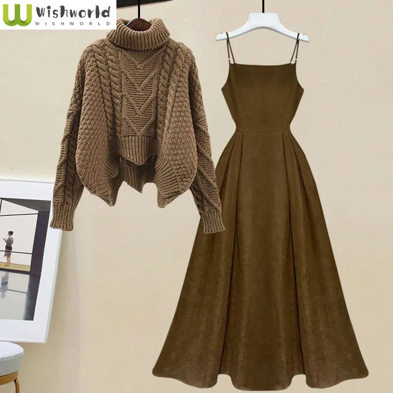 Spring and Autumn Set Women's New Waist Shrinking and Age Reducing Knitted Shirt Top Hanging Dress Two Piece Set