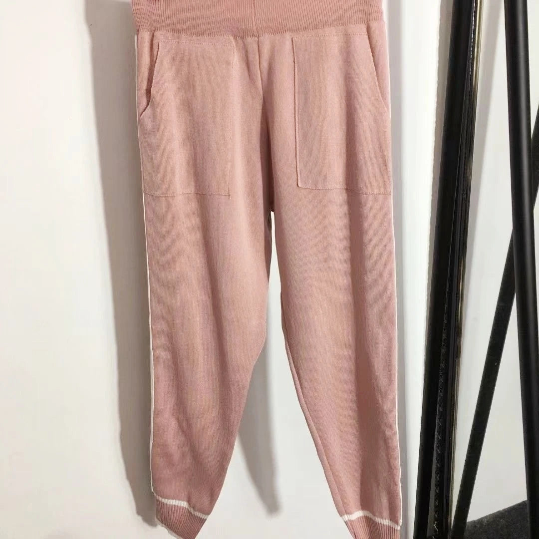 Knitted Hooded Sweater Hoodies Set For Women Autumn Winter Luxury Brand Designer Stitch Knitwear Pullover Tops Clothes pink pants