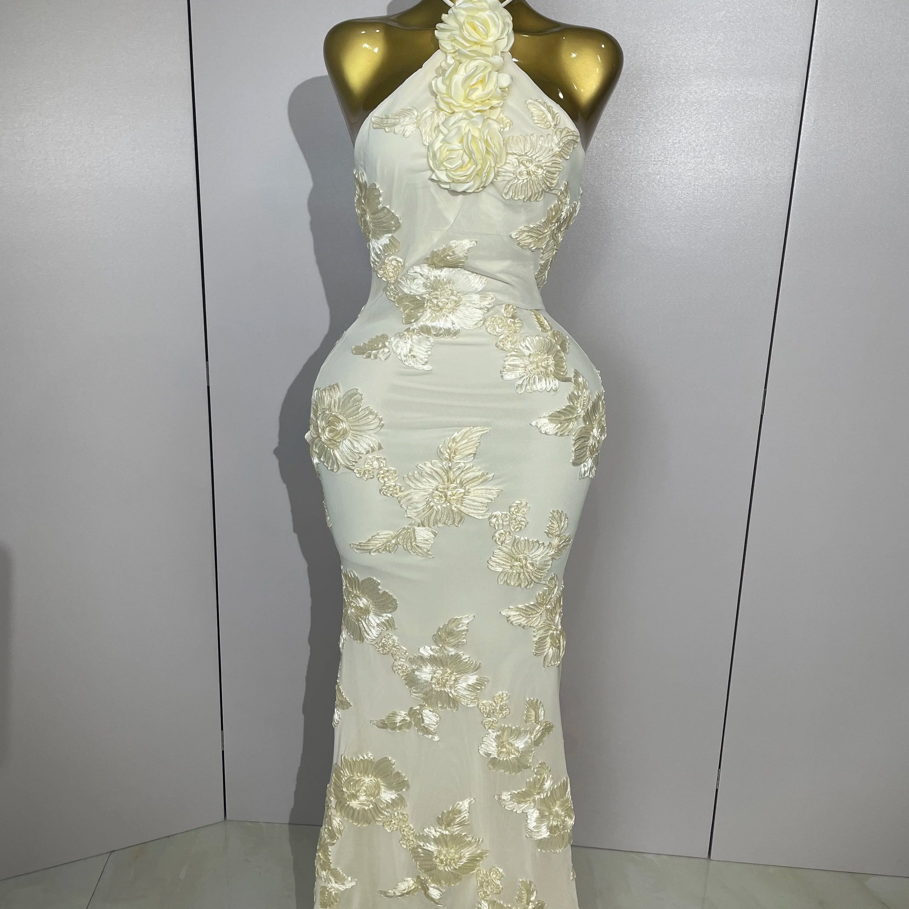 2025 New Sexy Halter High Waist Slim Embroidery Floral Long Dress Women Celebrate Evening Party Prom Fashion Cocktail Outfit