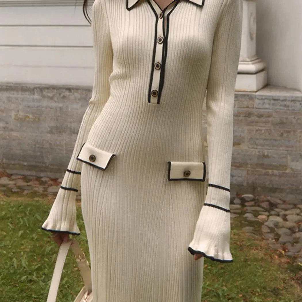 French Ruffle Knit Dress Fall Fashion Lapel Mental Button Luxury Women Dress Long Patchwork Lady Elegant Vestidos Robes New