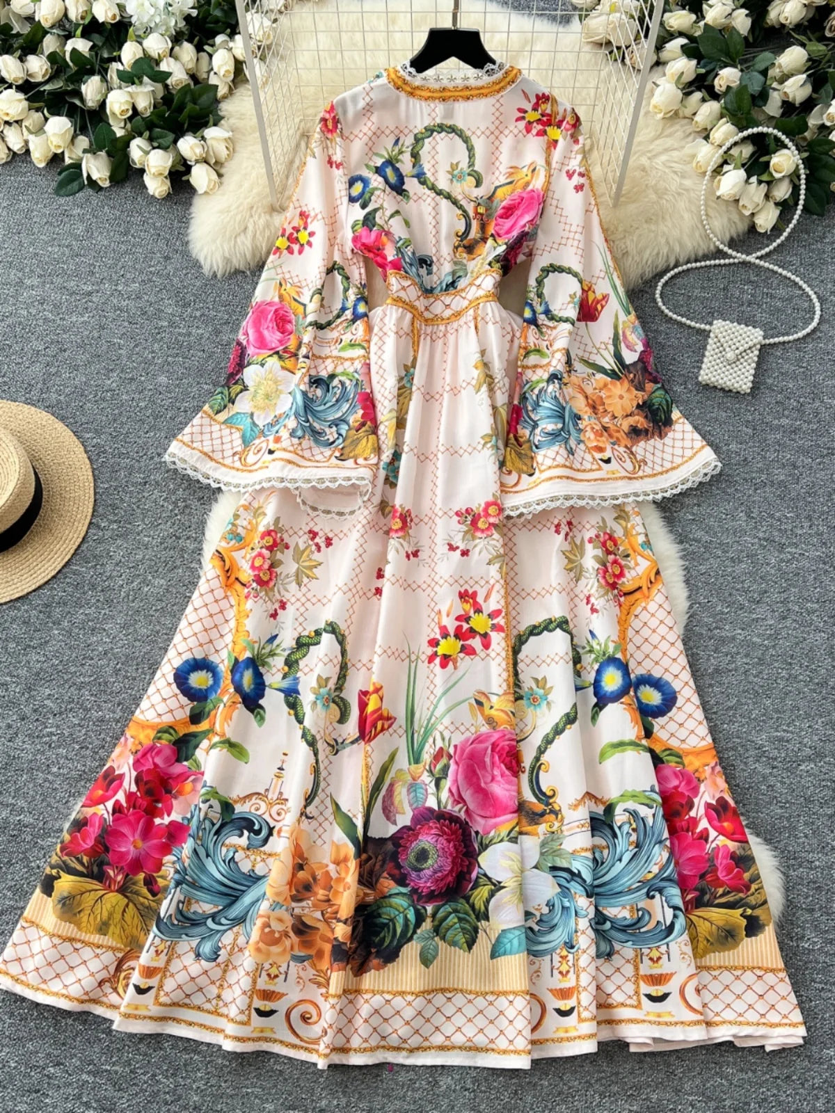 Elegant Floral Long Maxi Dresses Shirt Women Lantern Full Sleeve National Trench Print Single Breasted Lace Neck Party Vestidos