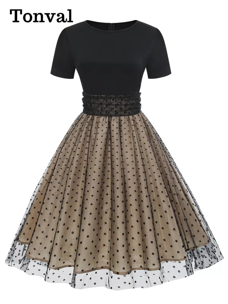 Tonval Round Neck Ruched High Waist Vintage Dot Mesh Overlay Pleated Dress Women Short Sleeve Evening Elegant Party Midi Dresses