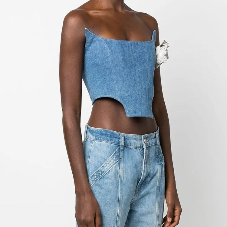 Denim Irregular Vests For Women Slash Neck Sleeveless Patchwork Appliques Slimming Vintage Vest Female Fashion 2023