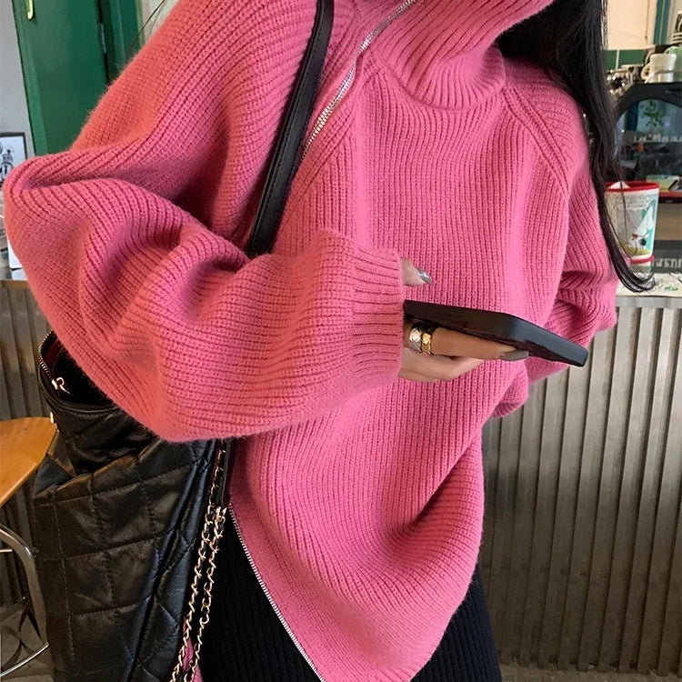 Women's Turtleneck Zipper Oversize Fashion Women Sweaters Autumn Knitwears Loose Thick Warm High Neck Solid Pullovers Women Pink