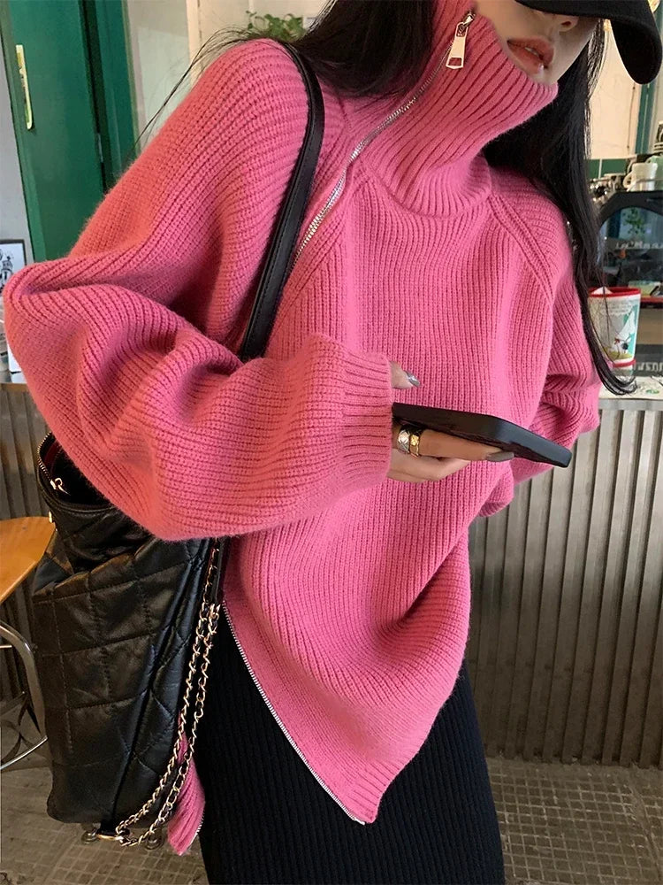 Women's Turtleneck Zipper Oversize Fashion Women Sweaters Autumn Knitwears Loose Thick Warm High Neck Solid Pullovers Women Pink