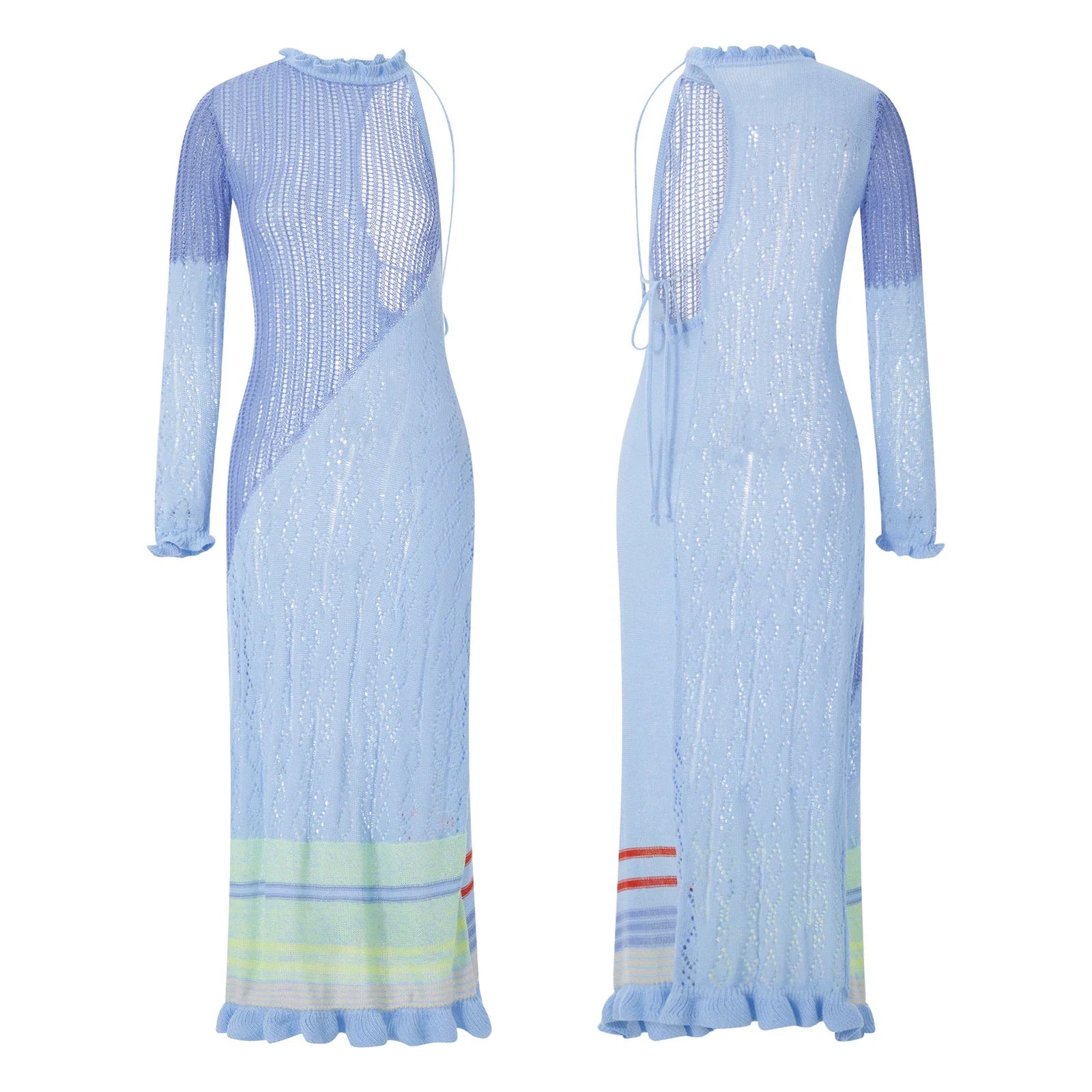 Women Sexy Y2k One Shoulder Long Sleeve Crochet Knit Long Dress Summer Beach See Through Party Grunge Club Cover Up Outfits Blue One Size