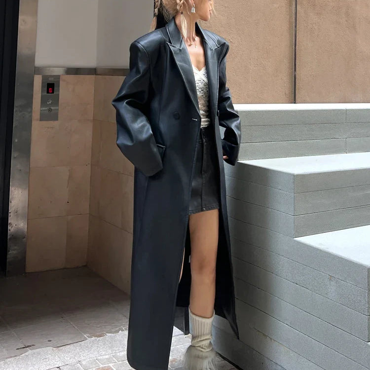 Spring Autumn Extra Long Black Loose Pu Leather Trench Coat for Women Shoulder Pads Double Breasted Faux Leather Blazer Black