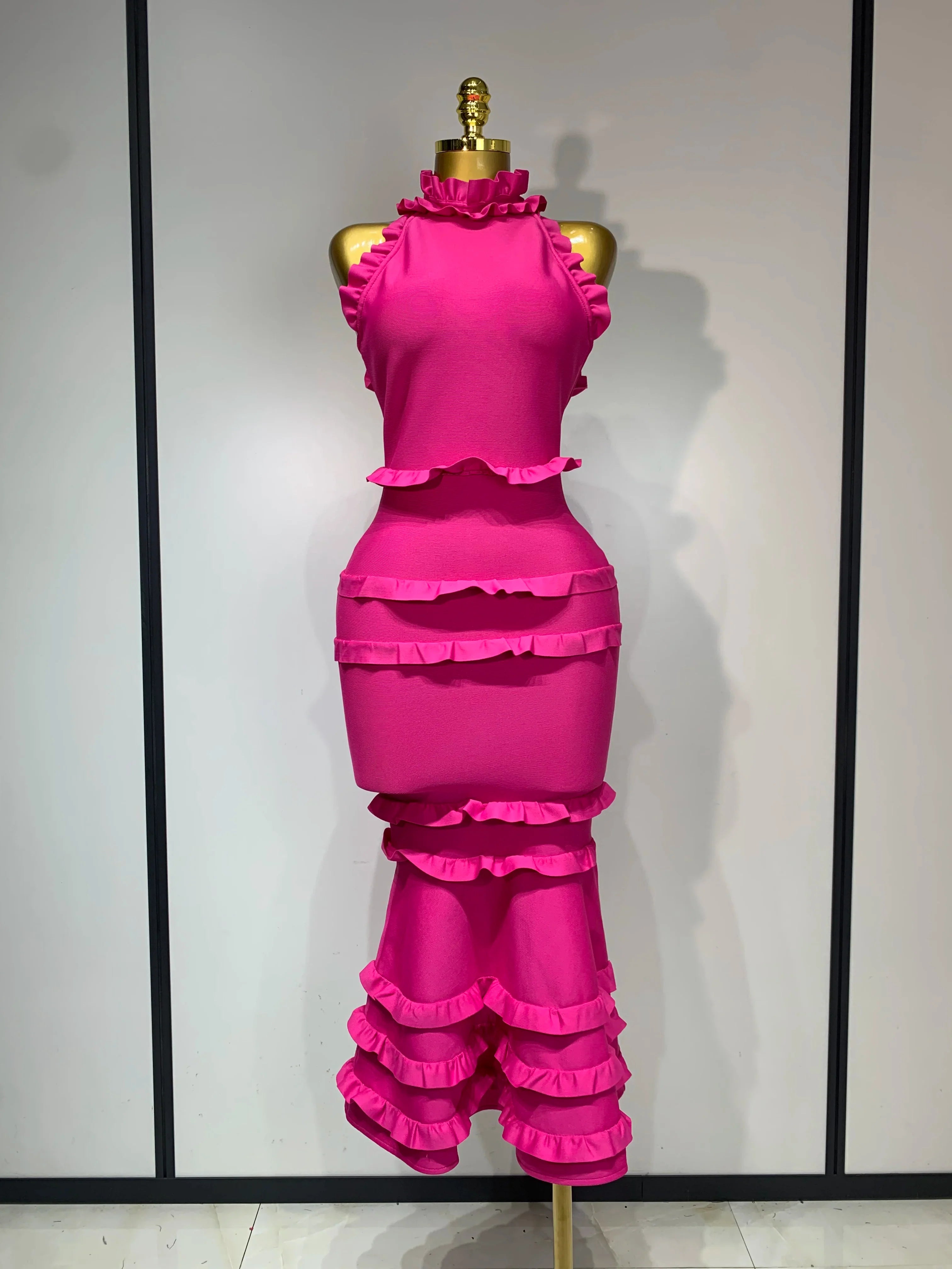 Women Sexy Backless Ruffles Bodycon Bandage Mermaid Dress  Celebrate Evening Party Luxury Birthday Wedding Guest Dress