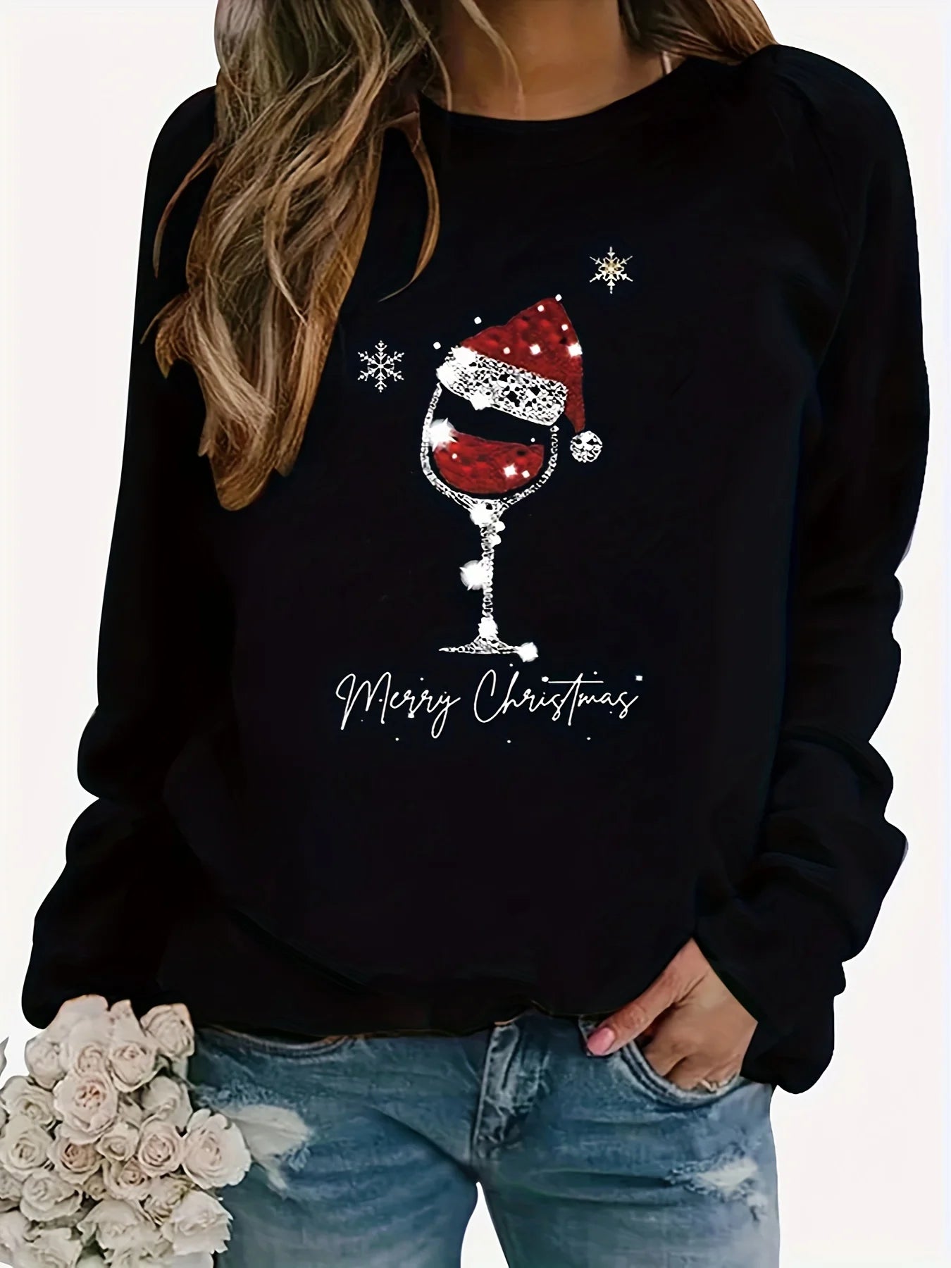 Women's Christmas printed loose top sweater long sleeved autumn and winter black