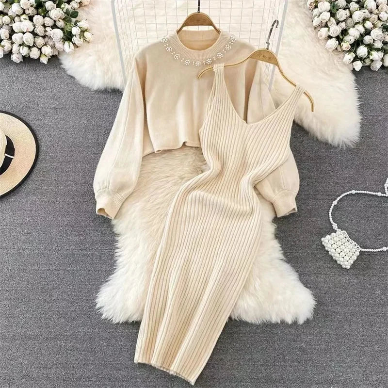 Korean Fashion Knitted Dress Sets Women Elegant Long Sleeve Pearl Sweater+Knitted Camis Dress Sets Sweater Casual Pullovers Suit