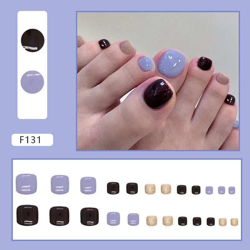 24pcs Summer Color False Toenails Purple Pink Sweet Korean Fake Toe Nails Wearable Detachable Square Head Press on Toenails