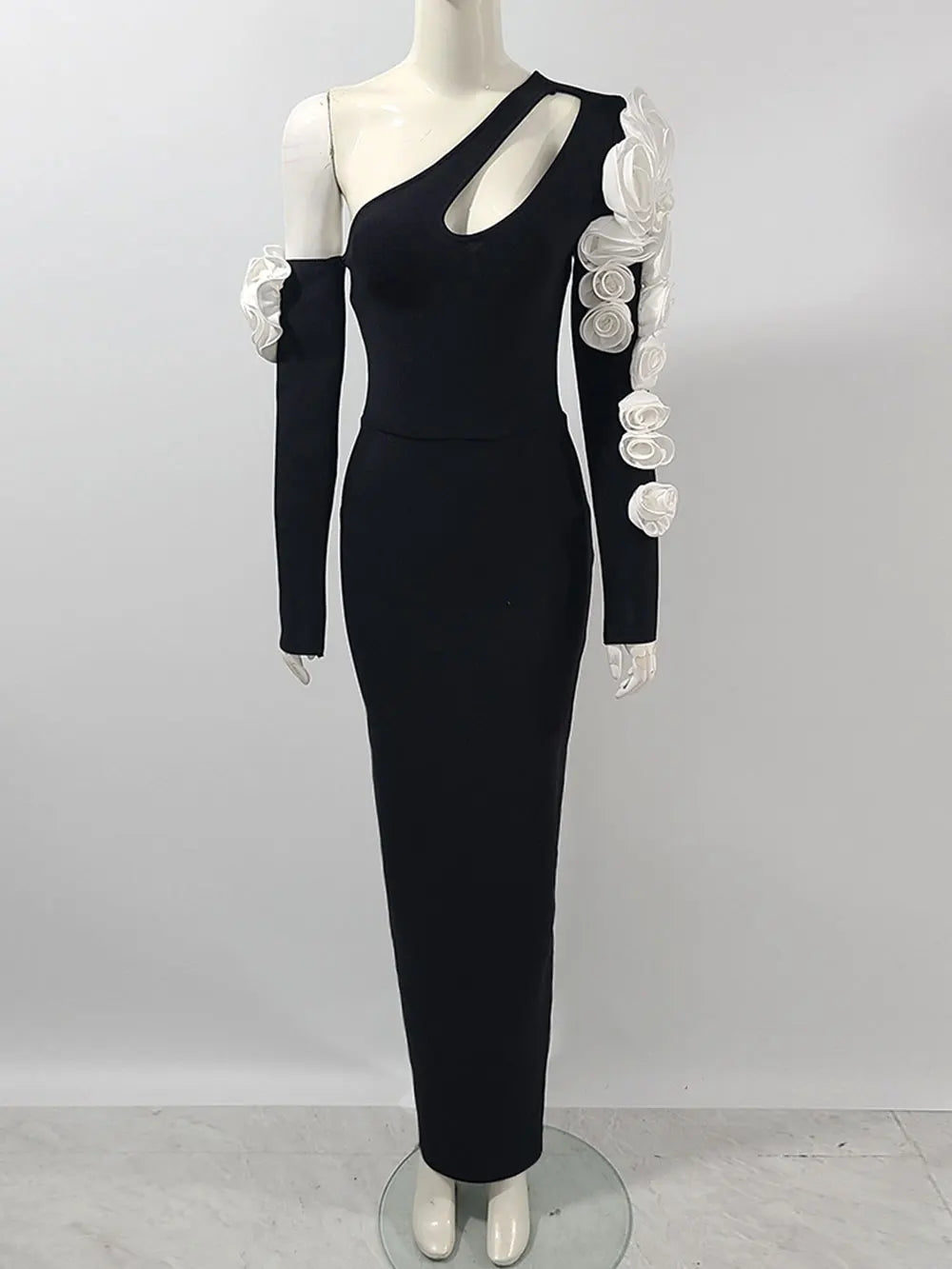 2025 Sexy Women's 3D Flower Decorative Bandage Dress with Diagonal Collar Long Sleeve Bodycon Split Length Dress Party Vestidos