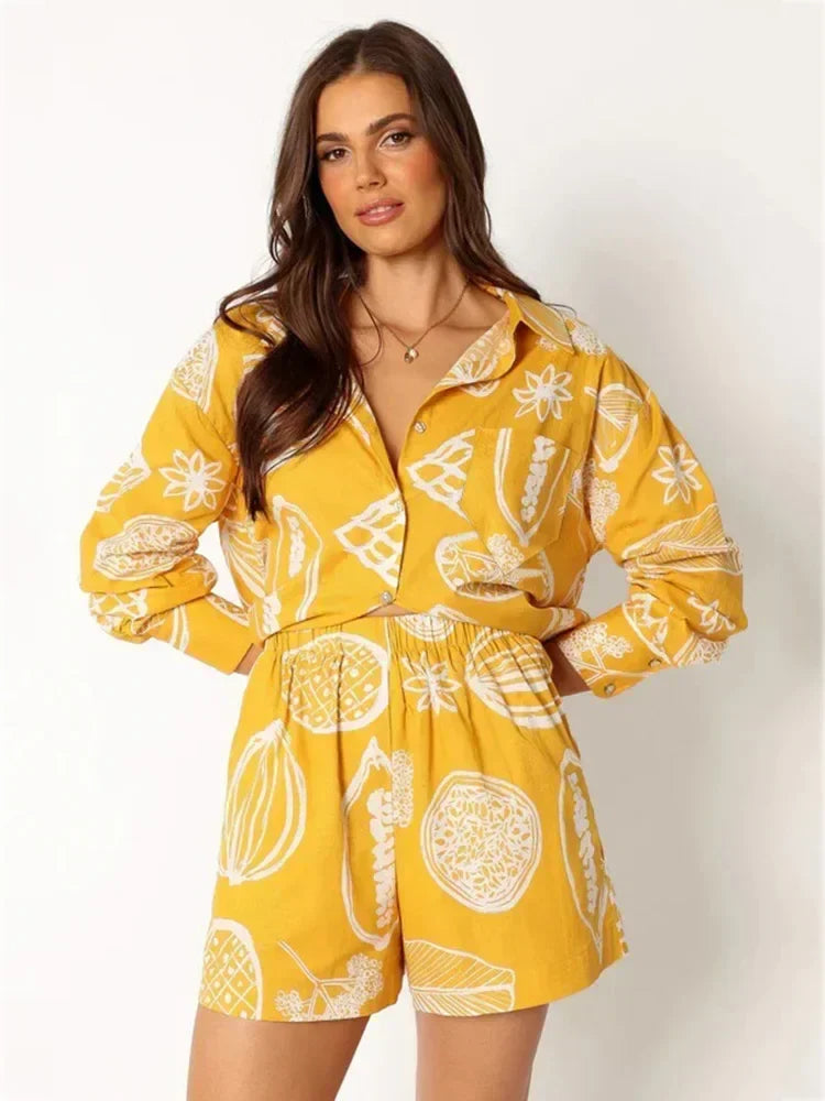 Foridol Fruit Printed Pockets Casual Shirt+shorts Set Outfits Matching Set Summer Women Spring Beach Oversize White Set