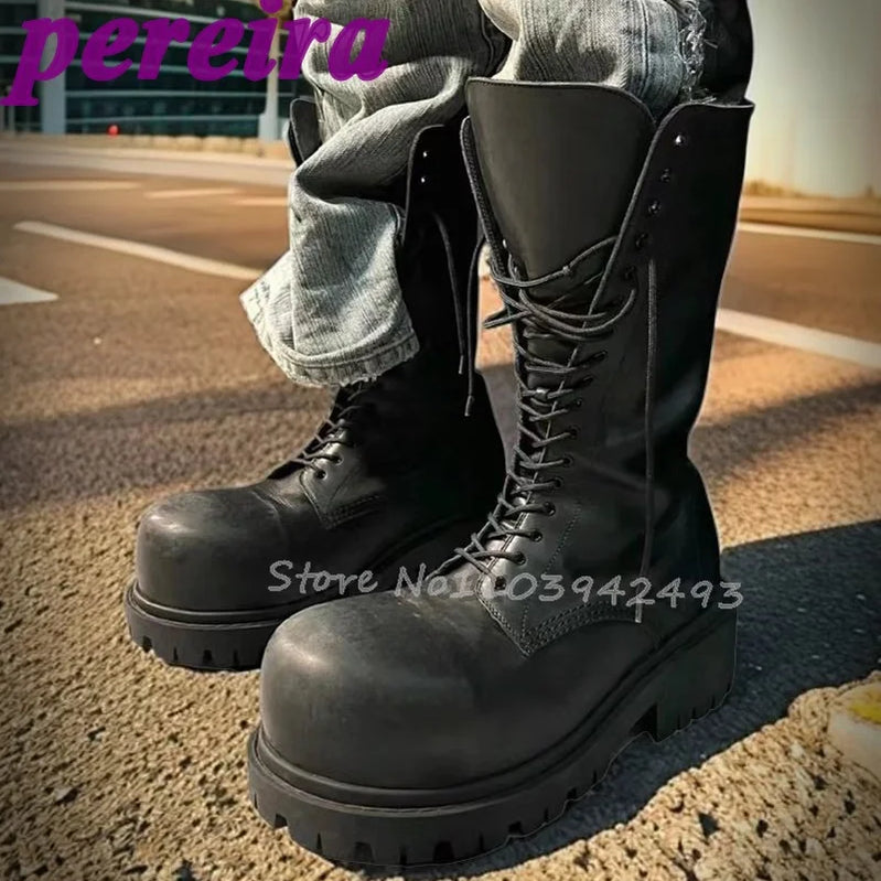 Lace Up Boots Big Round Toe Botas Women Man Luxury Designer Shoes Autumn Winter Booties 2025 Zapatos De Mujer Solid Sarpe New