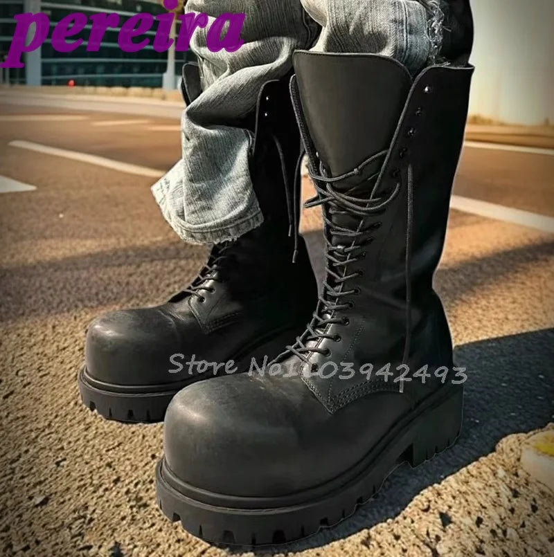 Lace Up Boots Big Round Toe Botas Women Man Luxury Designer Shoes Autumn Winter Booties 2025 Zapatos De Mujer Solid Sarpe New