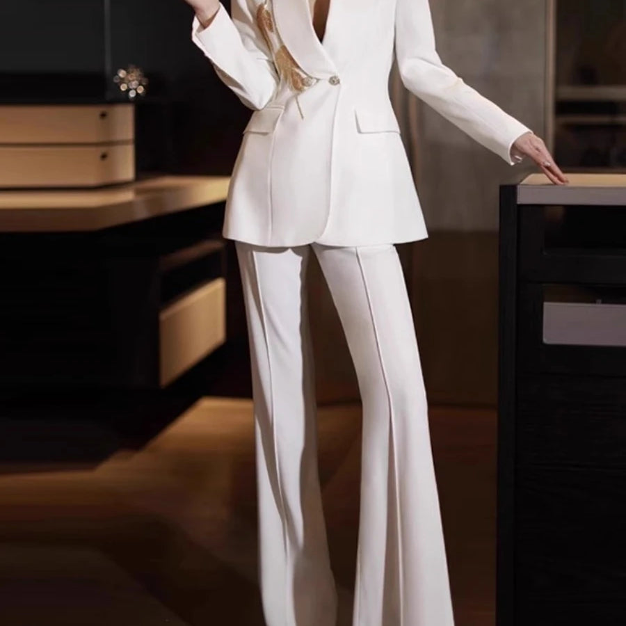 TWOTWINSTYLE Solid Slimming Two Piece Sets for Women Lapel Long Sleeve Patchwork Bead Top High Waist Pant Temperament Set Female