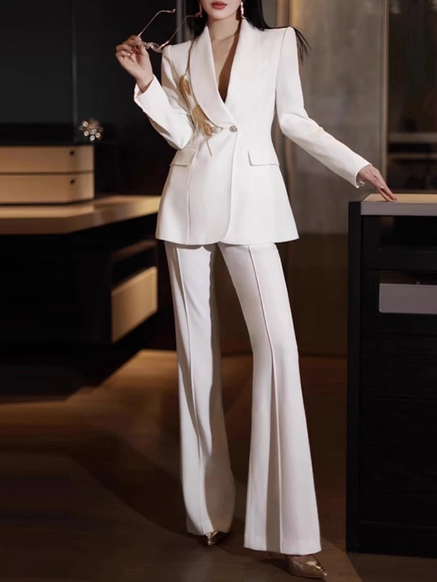 TWOTWINSTYLE Solid Slimming Two Piece Sets for Women Lapel Long Sleeve Patchwork Bead Top High Waist Pant Temperament Set Female