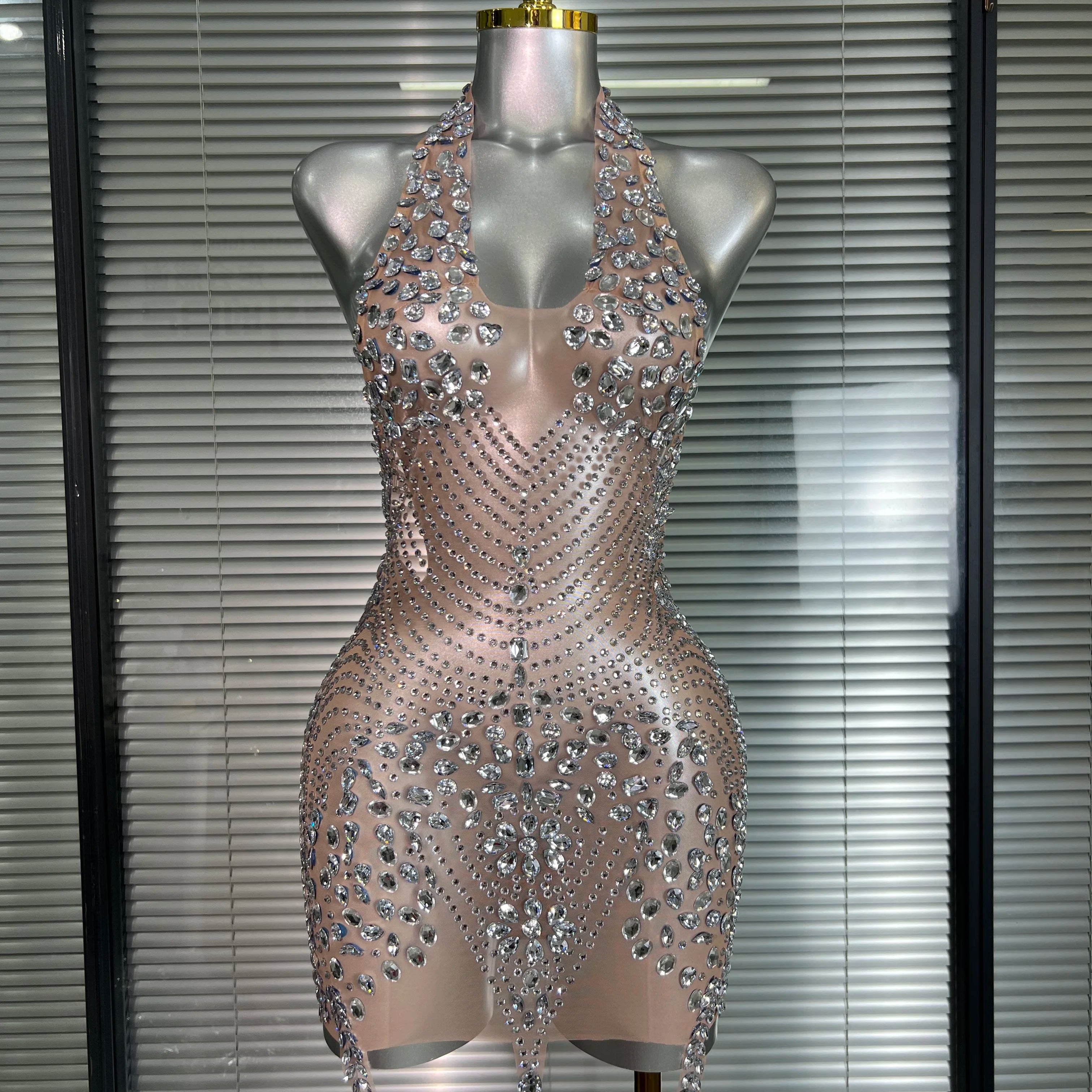 Celebrity New Women Sexy Pink Mesh Halter Stage Performance Costume Dancer Singer Night Club Mini Party Dress