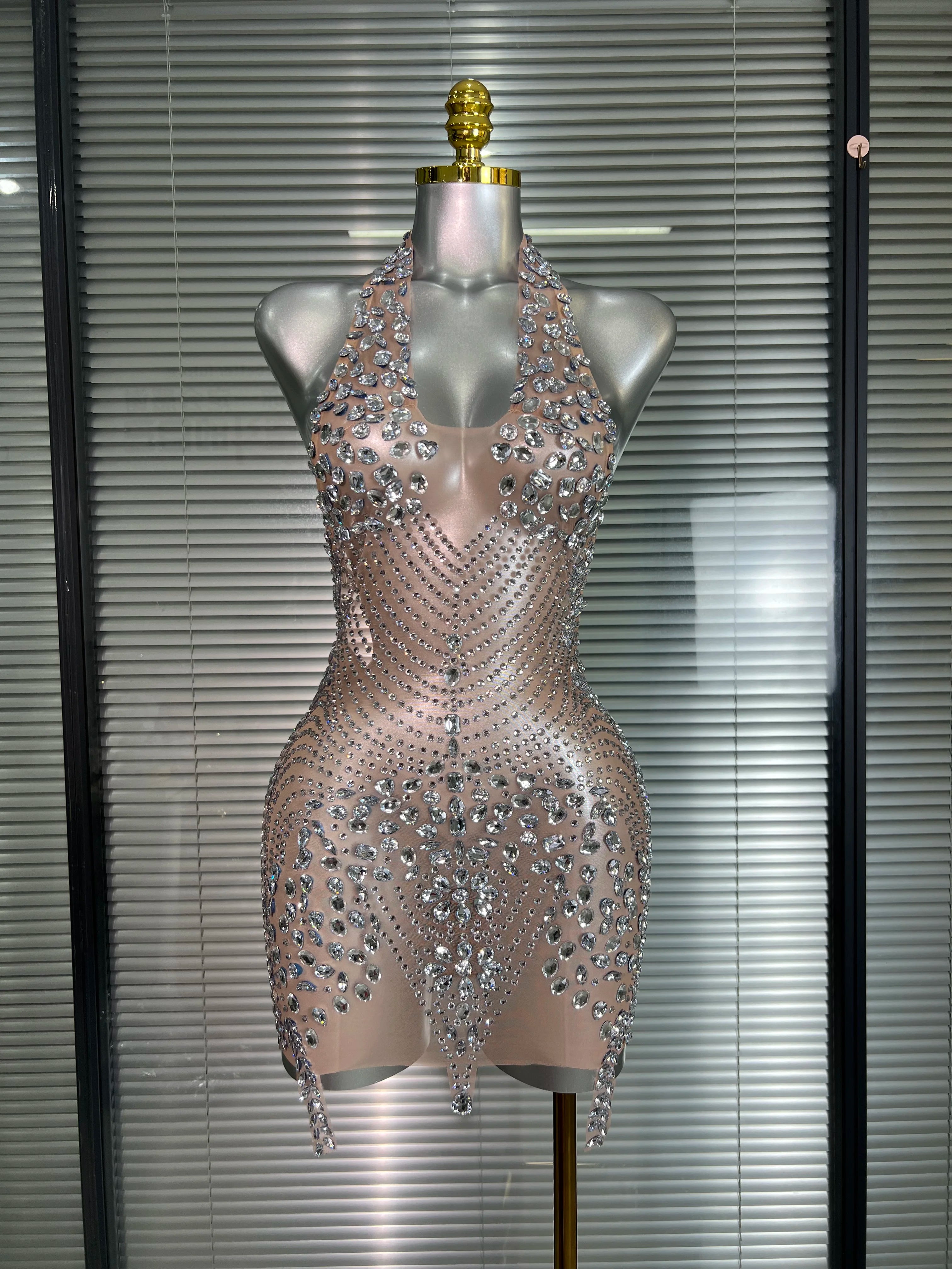 Celebrity New Women Sexy Pink Mesh Halter Stage Performance Costume Dancer Singer Night Club Mini Party Dress