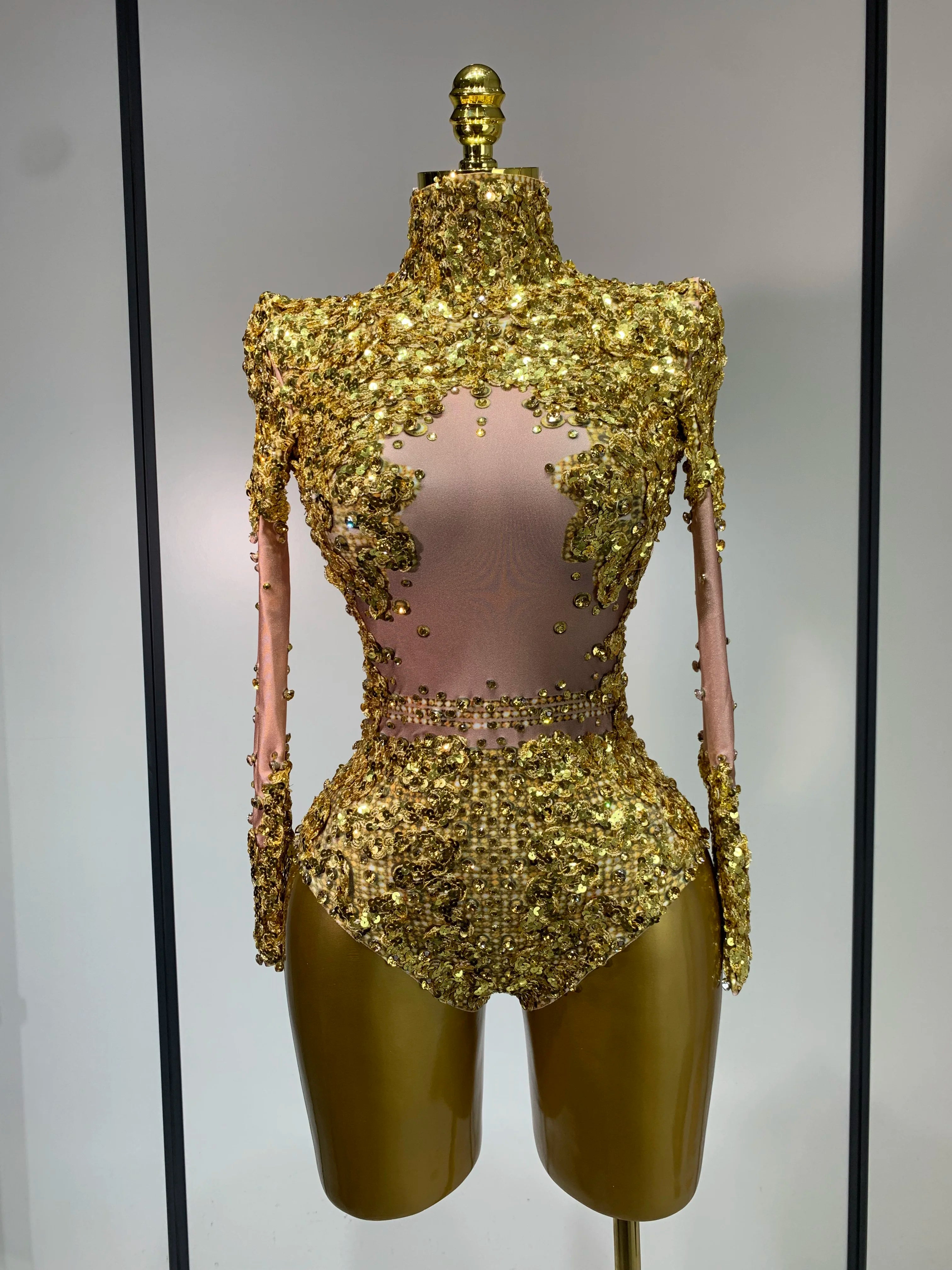 Sparkly Gold Rhinestone Sequin Stretch Bodysuits 2025 Women Luxury Birthday Party Nightclub Dancer Stage Performance Costume