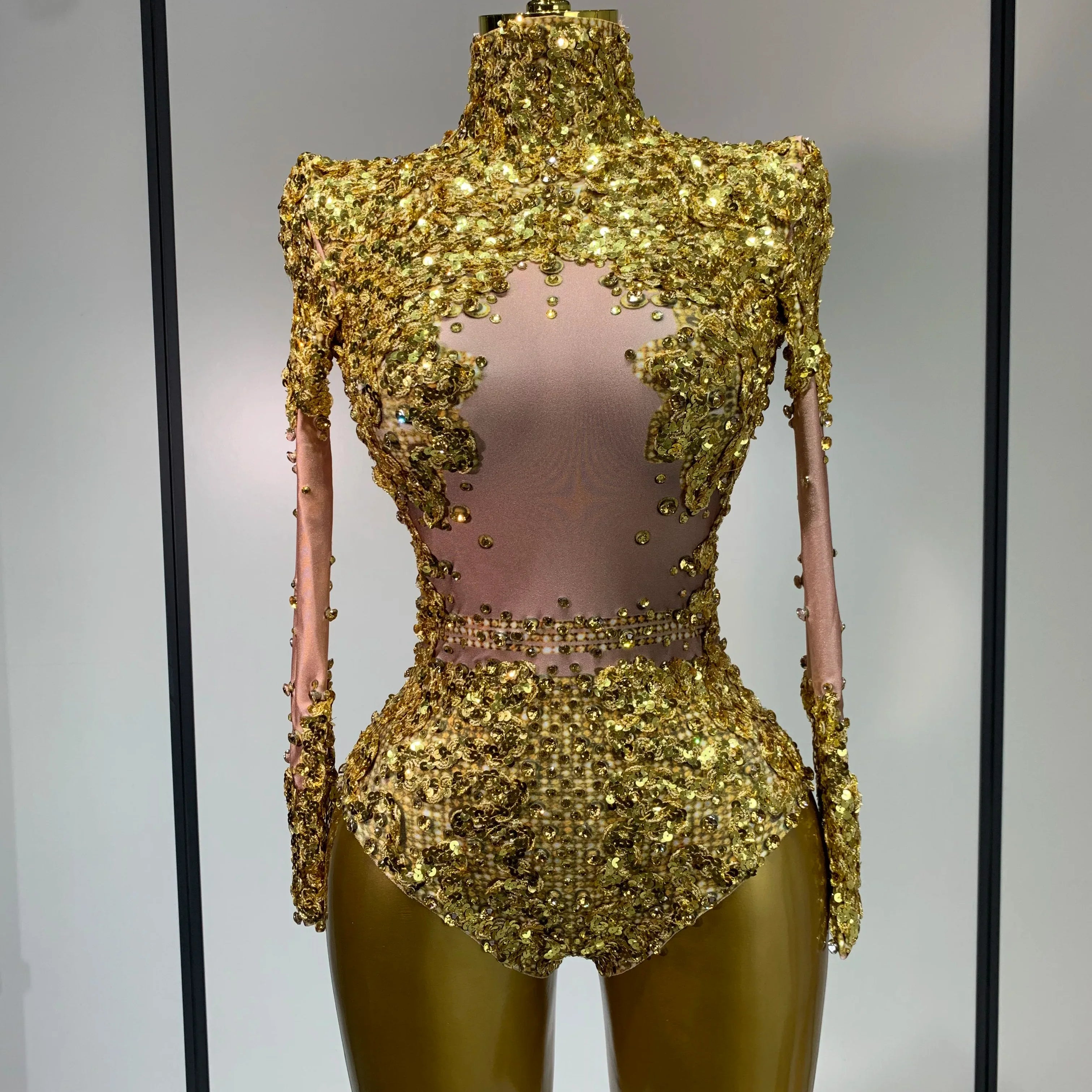 Sparkly Gold Rhinestone Sequin Stretch Bodysuits  Women Luxury Birthday Party Nightclub Dancer Stage Performance Costume