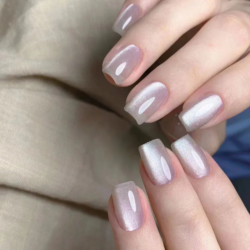 24Pcs  Gradient Color Fake Nail Simple Short Ballet Wearable False Nails with Cat Eye Design Press on Nails Full Cover Nail Tips