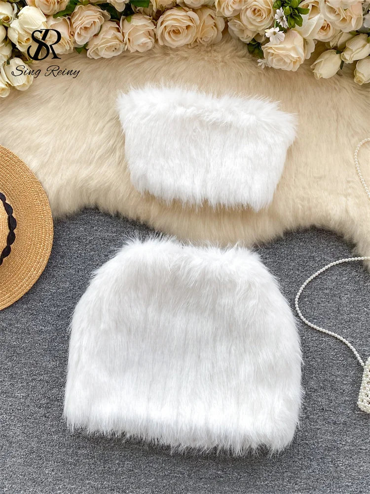 SINGREINY American Hotsweet Sexy Two Pieces Sets Women Strapless Short Tank Top+Bodycon Mini Skirt Fashion Solid Feather Suits