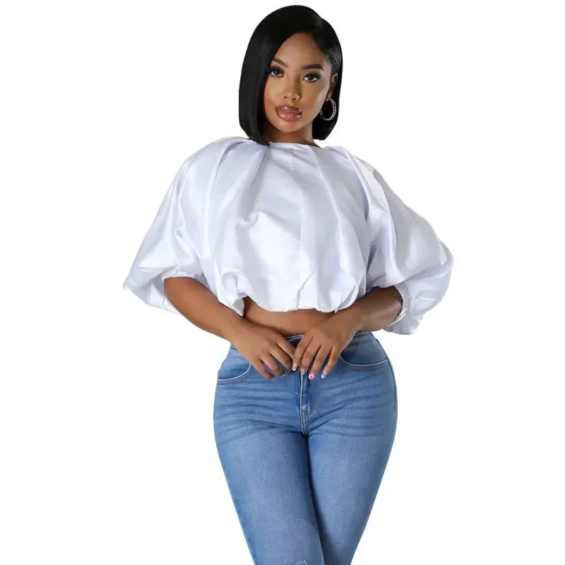 CM.YAYA Summer Street Women Shirts Fashion Ruched Short Puff Sleeve Mini Blouse 2024 Street Print Casual Holiday Shirts Tops