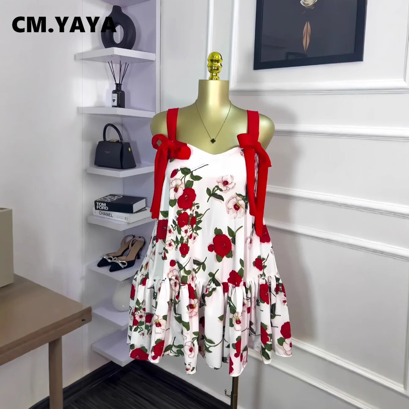 CM.YAYA Women Floral Printed Flare Sleeveless Bow Strap Belt Mini Dress 2025 Evening Sexy Beach Party Birthday Street Dresses