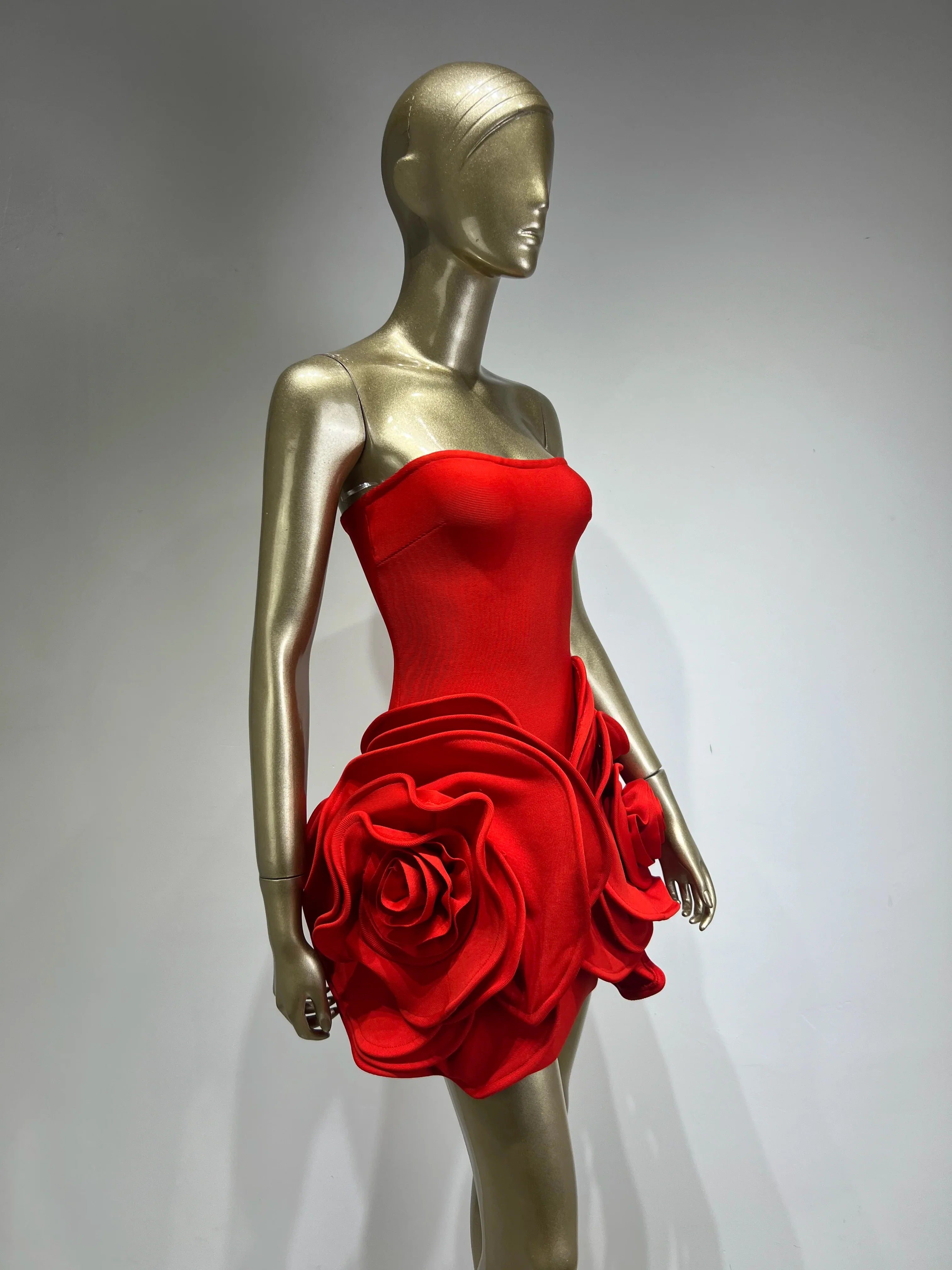 Women Celebrity Sexy Strapless Backeless Red Flower Mini Bodycon Bandage Dress Elegant Evening Club Party Dress