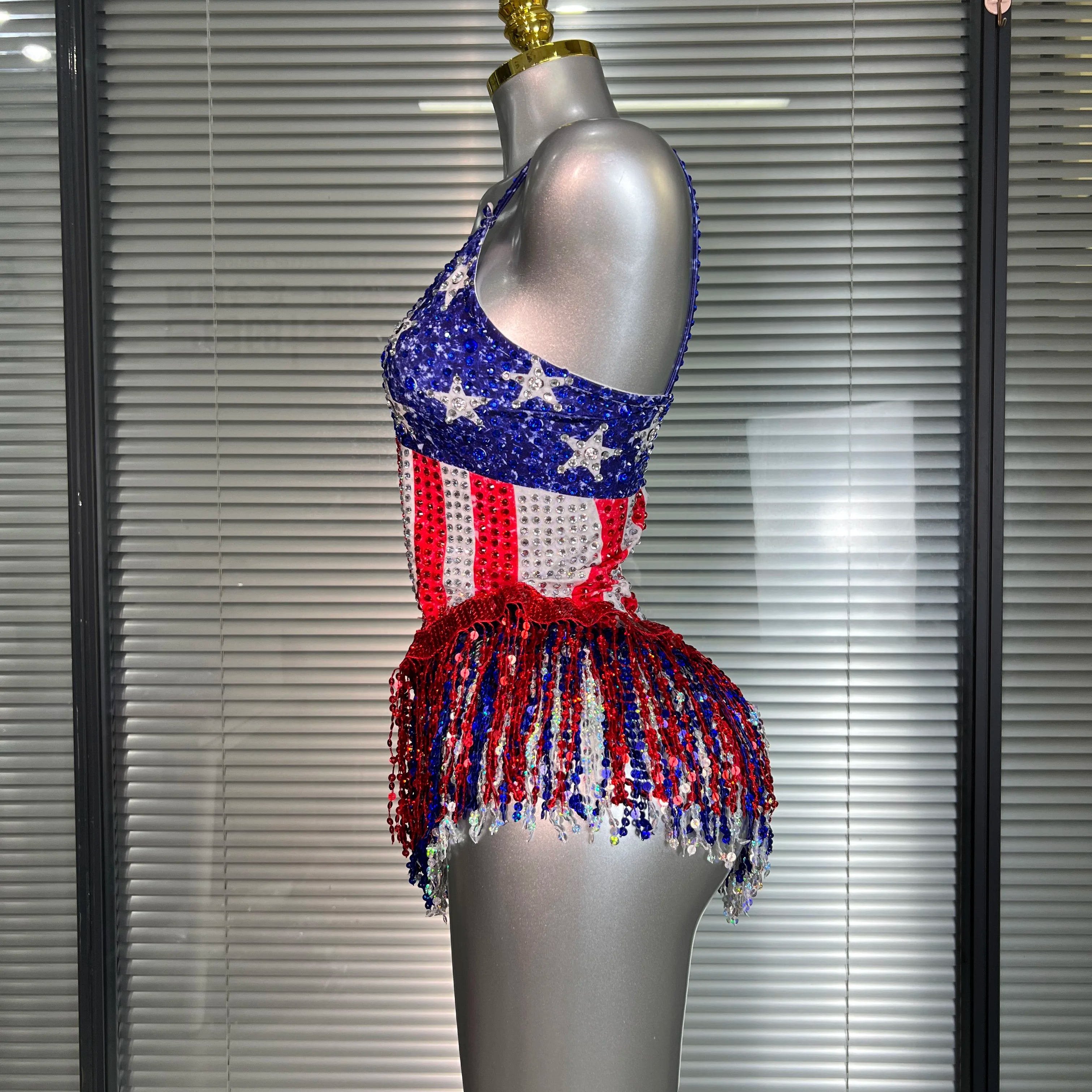 Women Sexy Tassel Crystal Stretched Night Club Circus Dancer USA Flag Stage Costume Party Bodysuit