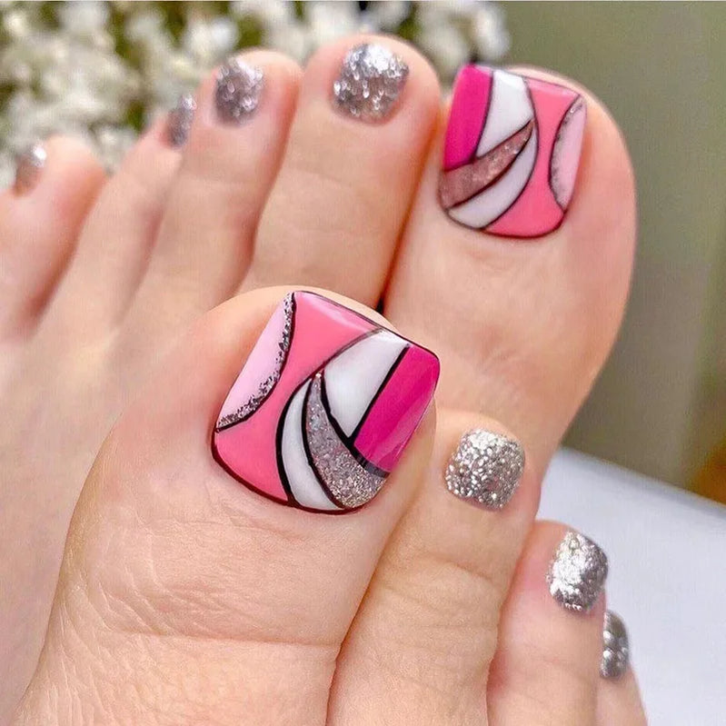 24Pcs Butterfly Design False Toe Nails with Rhinestone Short French Press on Fake Nails Wearable Finished Full Cover Nail Tips