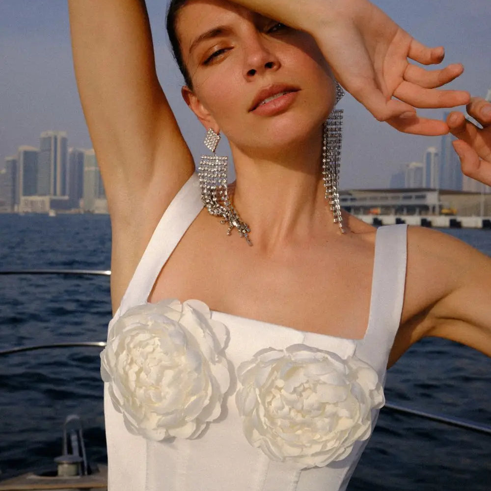 Black White Women Sexy Sleeveless Florals 2 Pieces Bodycon Midi Bandage Dress Elegant Evening Party Celebrate Homecoming Dress