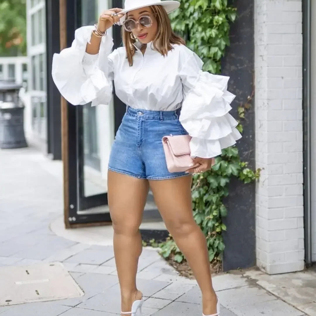 CM.YAYA Women Shirts Solid Full Ruffles Sleeve Turn-down Collar Single Breasted Loose Shirts Office Lady Streetwear Summer Tops